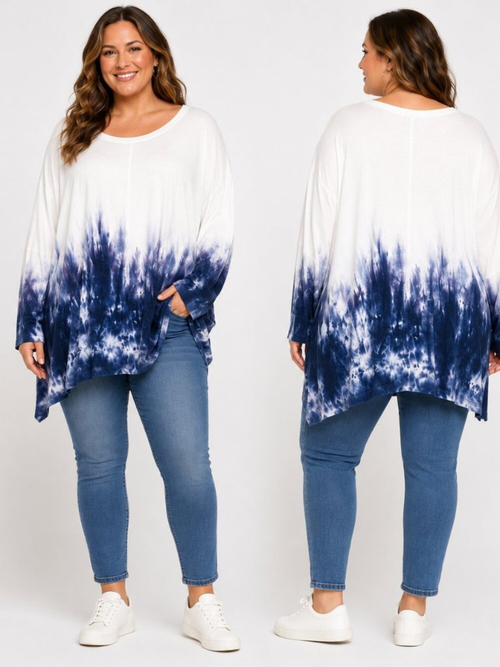 TRIBAL XXL White & Navy Tie Dye Long Sleeve Tunic Top